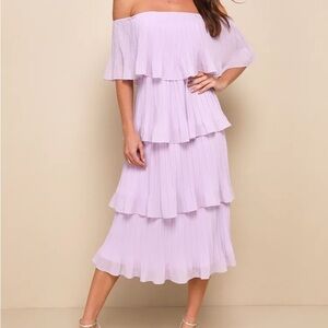 LULUS Gala Ready Lavender Off-the-Shoulder Ruffle Midi Dress
